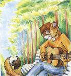  2009 anthro bench brown_hair clothed clothing cougar eyes_closed feline fur guitar hair male mammal musical_instrument outside playing_music sitting sky smile solo tan_fur tree trisha white_fur 