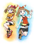  bandana bike_shorts bike_shorts_under_shorts blue_eyes bracelet brown_hair dual_persona fanny_pack gen_3_pokemon hairband haruka_(pokemon) hug jewelry long_hair manmaru_tamago multiple_girls open_mouth pokemon pokemon_(creature) pokemon_(game) pokemon_oras pokemon_rse ribbon shirt shoes short_shorts shorts smile sneakers socks torchic vest 