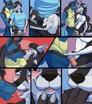  2015 animal_genitalia animal_penis anthro blue_fur blush canine canine_penis claws clothing comic digital_media_(artwork) dog duo erection eyes_closed finger_in_mouth fingers fur hair half-closed_eyes husky kissing knot lucario male male/male mammal nintendo open_mouth penis pok&eacute;mon simple_background smile teeth tongue tongue_out tropicalpanda video_games 