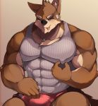  2018 666yubazi anthro biceps bulge canine clothing dog fur hi_res kemono male mammal muscular muscular_male nipples pecs shirt simple_background tank_top 