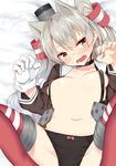  amatsukaze_(kantai_collection) animal_ears black_panties blush bow bow_panties breasts brown_dress brown_eyes choker dress fang gloves hair_tubes head_tilt highres kantai_collection long_hair looking_at_viewer lying navel nebusoku no_bra on_back open_clothes open_dress open_mouth panties partially_visible_vulva red_legwear sailor_collar sailor_dress short_dress sideboob silver_hair single_glove small_breasts solo spread_legs striped striped_legwear thighhighs twitter_username two_side_up underwear white_gloves windsock 
