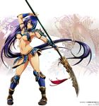  1girl alternate_costume black_legwear breasts groin hair_over_one_eye highres holding holding_weapon ikkitousen kan&#039;u_unchou large_breasts long_hair low-tied_long_hair navel polearm purple_hair shiny shiny_skin solo underboob very_long_hair weapon 