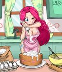  apron blue_eyes blush breasts cake cleavage cream crimsonbugeye cutie_mark egg flour food groin highres kitchen large_breasts long_hair my_little_pony my_little_pony_friendship_is_magic naked_apron one_eye_closed personification pink_hair pinkie_pie sidelocks signature solo thighs tongue tongue_out window 