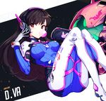  1girl bangs bodysuit brown_hair bubblegum clothes_writing covered_navel d.va_(overwatch) facepaint facial_mark headphones long_hair overwatch pilot_suit ribbed_bodysuit skin_tight solo whisker_markings 