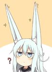  ? animal_ears blue_eyes blue_hair blush chibi closed_mouth commentary ear_wiggle expressionless eyebrows eyebrows_visible_through_hair fox_ears hair_between_eyes hibiki_(kantai_collection) highres jitome kantai_collection kemonomimi_mode long_hair looking_up motion_lines nonono_(mino) pokemon pokemon_(game) pokemon_ears pokemon_sm school_uniform serafuku solo sparkle two-tone_background upper_body very_long_ears 
