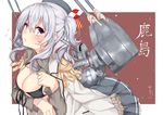  absurdres bikini bikini_top black_bikini blouse blue_eyes blush breasts cannon cleavage epaulettes from_side front-tie_top grey_blouse highres jacket kantai_collection kashima_(kantai_collection) large_breasts leaning_forward long_hair long_sleeves looking_at_viewer machinery military military_uniform nebusoku open_blouse open_clothes open_jacket pleated_skirt silver_hair skirt skirt_set solo swimsuit twintails uniform upper_body wavy_hair 