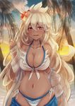  ahoge bare_shoulders bikini blouse blurry breasts cleavage dark_skin depth_of_field evening flower front-tie_top granblue_fantasy hair_between_eyes hair_flower hair_ornament large_breasts long_hair looking_at_viewer midriff navel opanchu_(hakusen) open_blouse open_clothes open_mouth palm_leaf palm_tree red_eyes solo swimsuit tree white_bikini white_blouse white_hair zooey_(granblue_fantasy) 