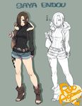  agawa_ryou bag belt black_nails blue_background boots breasts brown_hair commentary_request denim denim_shorts hair_over_one_eye looking_at_viewer medium_breasts nail_polish original red_eyes short_hair shorts simple_background solo sweater tattoo toeless_boots watermark web_address 