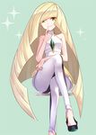  asle bare_shoulders blonde_hair crossed_legs green_background green_eyes leggings long_hair lusamine_(pokemon) multicolored multicolored_clothes multicolored_legwear pokemon pokemon_(game) pokemon_sm sitting smile solo sparkle two-tone_legwear very_long_hair 