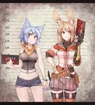  animal_ears bandages bandana belt blue_hair bracelet brown_hair bunny_ears cat_ears cat_tail denim denim_shorts height_chart jewelry long_hair multiple_girls navel original pouch red_eyes ryota_tentei scar short_shorts shorts smile tail tora_tentei yellow_eyes 