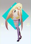  bare_arms blonde_hair breasts character_name chromatic_aberration diamond_(shape) dress full_body gradient gradient_background green_eyes hair_over_one_eye hand_on_hip high_heels long_hair looking_at_viewer lusamine_(pokemon) medium_breasts multicolored_hair pantyhose pokemon pokemon_(game) pokemon_sm purple_hair short_dress sleeveless sleeveless_dress smile solo sparkle standing streaked_hair very_long_hair vienri white_dress 