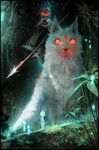  animal blood chromatic_aberration cloak commentary forest glowing glowing_eyes kodama making_of mask mononoke_hime nature oversized_animal polearm ross_tran san spear weapon wolf younger 