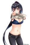  alternate_costume black_hair blush bra breasts casual clothes_lift denim ichinomiya_(blantte) jeans kantai_collection long_hair looking_at_viewer medium_breasts pants ponytail red_eyes simple_background solo stomach sweater sweater_lift twitter_username underwear undressing very_long_hair white_background yahagi_(kantai_collection) 