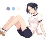  absurdres artist_name bangs black_hair breasts from_side gym_shorts gym_uniform hayami_kanade highres idolmaster idolmaster_cinderella_girls ilo looking_at_viewer medium_breasts parted_bangs short_hair shorts signature simple_background smile solo yellow_eyes 