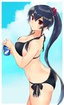  alternate_costume bare_arms bare_shoulders bikini black_bikini black_hair breasts commentary_request hair_between_eyes ichinomiya_(blantte) kantai_collection large_breasts light_smile long_hair looking_at_viewer looking_to_the_side ponytail red_eyes side-tie_bikini sideboob solo swimsuit underwear yahagi_(kantai_collection) 