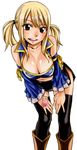 black_legwear blonde_hair breasts brown_eyes cleavage detached_sleeves fairy_tail hands_on_thighs highres large_breasts leaning_forward long_hair looking_at_viewer lucy_heartfilia mashima_hiro navel official_art open_mouth simple_background solo tattoo thighhighs twintails white_background 
