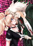  1girl bear_hair_ornament blonde_hair blue_eyes choker couple danganronpa enoshima_junko eye_contact green_eyes hair_ornament hetero holding holding_knife hood hoodie june183 knife komaeda_nagito looking_at_another nail_polish necktie pink_hair red_nails self_upload twintails white_hair white_neckwear 