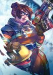  alternate_costume artist_name blue_eyes brown_hair coat glasses gloves gun hair_bun headwear_removed helmet helmet_removed ice mar-93 mei_(overwatch) overwatch rescue_mei robot snow snowball_(overwatch) snowing solo watermark weapon web_address 