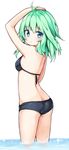  ahoge alternate_costume aqua_eyes arm_on_head arm_up ass back bikini black_bikini blush breasts butt_crack cowboy_shot flat_ass from_side green_hair highres komeiji_koishi looking_at_viewer looking_to_the_side ominaeshi_(takenoko) parted_lips small_breasts solo swimsuit touhou wading white_background 