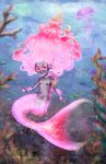  1boy androgynous background bare_shoulders bubble coral fish full_body gray_skin jellyfish jewelry long_hair male_focus merman monster_boy nipples original pink_hair red_eyes shota smile solo tail underwater water 