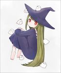  &gt;_&lt; :&gt; :d artist_name ayu_(mog) bangs barefoot blush bow brown_hair closed_eyes dress expressionless from_behind full_body ghost hair_bow hat leg_hug long_hair looking_at_viewer open_mouth original purple_dress purple_hat red_eyes smile soles solid_circle_eyes solo toes very_long_hair wavy_mouth witch witch_hat 