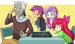  1boy 3girls apple_bloom discord_(my_little_pony) go multiple_girls my_little_pony my_little_pony_equestria_girls my_little_pony_friendship_is_magic personification scootaloo sweetie_belle tagme uotapo 