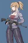 assault_rifle bandeau black_gloves blonde_hair blue_background breasts cleavage collarbone commentary covered_nipples cowboy_shot ebr-kii fingerless_gloves gloves gun holding holding_gun holding_weapon jacket large_breasts long_hair original pants ponytail red_eyes revision rifle sidelocks solo standing strapless trigger_discipline unzipped weapon 