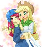  2girls apple_bloom applejack helmet multiple_girls my_little_pony my_little_pony_equestria_girls my_little_pony_friendship_is_magic personification tagme uotapo 