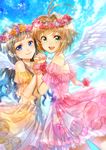  bare_shoulders black_hair blue_eyes brown_hair cardcaptor_sakura daidouji_tomoyo dress flower green_eyes head_wreath interlocked_fingers kinomoto_sakura multiple_girls open_mouth rose smile sparkle tamaru wings 