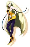  akino_(gokosei) bare_shoulders black_legwear blonde_hair breasts cable cosplay dress green_eyes hair_over_one_eye hand_on_hip headphones high_heels highres kamitsure_(pokemon) kamitsure_(pokemon)_(cosplay) long_hair lusamine_(pokemon) medium_breasts navel pantyhose pokemon pokemon_(game) pokemon_sm short_dress sleeveless sleeveless_dress solo very_long_hair 