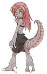  1girl female from_behind green_eyes grey_skin horns monster_girl mouth_pull original sharp_teeth simple_background solo tail white_background yamamoto_souichirou 