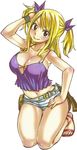  arm_on_head arm_up belt blonde_hair blush breasts brown_eyes cleavage fairy_tail hand_on_thigh kneeling large_breasts long_hair looking_at_viewer loose_belt lucy_heartfilia mashima_hiro navel official_art sandals short_shorts shorts simple_background smile solo spaghetti_strap white_background 