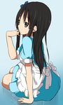  akiyama_mio apron arm_support artist_name black_hair blue_background blue_bow blue_dress blush bow dated dress frilled_apron frills from_side full_body hair_bow hand_on_own_face k-on! long_hair official_style profile puffy_short_sleeves puffy_sleeves ragho_no_erika short_sleeves sidelocks simple_background sitting solo white_apron white_bow yokozuwari 