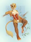  2015 anthro areola armpits bare_shoulders barefoot blonde_hair blue_eyes border bottomless breasts brown_body brown_fur brown_tail claws clothed clothing corset countershading digital_media_(artwork) ear_piercing exposed_breasts feline female front_view fur hair hand_on_thigh hindpaw kin-cishepholf leaning legwear leona_(no_9) lingerie lion looking_at_viewer mammal multicolored_body multicolored_fur multicolored_tail nipples outside_border pawpads paws piercing pink_nipples pink_pawpads pinup pose pussy red_topwear sheer_clothing skimpy socks solo stirrup_socks stockings thigh_highs toe_claws translucent transparent_clothing transparent_legwear watermark white_body white_eyes white_fur yellow_tail 