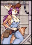  anthro blue_eyes breasts canine cleavage clothed clothing ear_piercing female fennec fox fur gloves hair korrok long_hair looking_at_viewer mammal marker_(artwork) mechanic overalls piercing purple_hair solo tools traditional_media_(artwork) wraps wrench wrist_wraps 