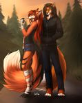  anthro bandage canine clothed clothing duo female fox looking_at_viewer male mammal nelly63 outside standing 