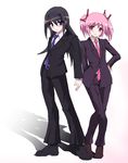  akemi_homura aliasing belt black_hair black_hairband commentary_request formal hair_ribbon hairband hayashiya_zankurou kaname_madoka long_hair looking_at_viewer mahou_shoujo_madoka_magica multiple_girls necktie pants pink_eyes pink_hair polka_dot_neckwear purple_eyes ribbon shoes short_twintails smile striped striped_neckwear suit twintails 