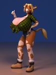  2016 3d_(artwork) annabelle_cow anthro anthroanim big_breasts blonde_hair bovine breasts cattle clothed clothing digital_media_(artwork) female fur hair horn huge_breasts hyper looking_at_viewer mammal simple_background smile solo 