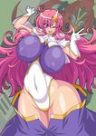  absurdres blush breasts covered_navel covered_nipples gloves great_magami gundam gundam_seed gundam_seed_destiny hair_ornament highleg highres huge_breasts leotard long_hair looking_at_viewer meer_campbell one_eye_closed open_mouth pink_hair purple_eyes smile solo star star_hair_ornament wide_hips 