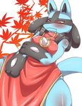  bare_shoulders blush breasts chinese_clothing chinese_dress clothed clothing dress female fur leaves lucario nintendo pok&eacute;mon seigen solo sweat video_games wide_hips 