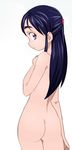  1girl ass bare_back bare_shoulders black_hair blue_eyes cropped_legs futari_wa_precure hand_on_own_chest long_hair looking_at_viewer looking_back nude precure simple_background solo standing white_background yukishiro_honoka 