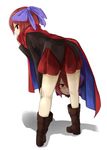  bare_legs black_blouse blouse boots bow breasts cape disembodied_head from_behind hair_bow highres leaning_forward legs_apart long_sleeves miniskirt red_cape red_eyes red_hair red_skirt sekibanki short_hair skirt small_breasts solo touhou tyouseki 
