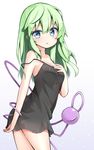  alternate_costume alternate_hair_length alternate_hairstyle arched_back armpit_peek bare_arms bare_shoulders black_dress blue_eyes blush breasts chemise cleavage commentary cowboy_shot dress eyeball from_side green_hair hand_on_own_chest komeiji_koishi long_hair looking_at_viewer looking_to_the_side medium_breasts no_hat no_headwear ominaeshi_(takenoko) parted_lips short_dress sideboob sidelocks solo strap_slip third_eye touhou white_background 