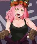  boku_no_hero_academia breasts brown_gloves cleavage clothes_around_waist copochui gloves goggles goggles_on_head hatsume_mei long_hair medium_breasts partly_fingerless_gloves pink_hair solo sweater_around_waist symbol-shaped_pupils tank_top yellow_eyes 