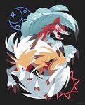  artist_name blue_eyes brown_background crescent_moon gen_7_pokemon looking_at_another lycanroc moon no_humans open_mouth pink_eyes pokemon pokemon_(creature) sharp_teeth simple_background sun teeth versiris wolf 