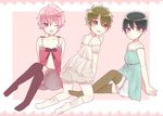  3boys black_hair black_legwear blue_eyes brown_hair crossdressing full_body garter_belt green_eyes high_speed! lingerie looking_at_viewer male_focus multiple_boys nanase_haruka_(free!) pink_hair purple_eyes ribbon shigino_kisumi short_hair shorts shota sitting socks tachibana_makoto uomaru white_legwear wink 