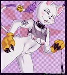  2016 anthro armpits blush breasts butt cat clothed clothing digimon digital_media_(artwork) feline female fur gatomon gloves jewelry mammal necklace nipple_chain nipples open_mouth pussy ring simple_background small_breasts smile solo sruto tattoo tongue top translucent 