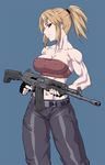  assault_rifle bandeau bare_shoulders black_gloves blonde_hair blue_background breasts cleavage collarbone covered_nipples cowboy_shot ebr-kii fingerless_gloves gloves gun holding holding_gun holding_weapon large_breasts long_hair midriff muscle muscular_female navel original pants ponytail red_eyes revision rifle sidelocks solo standing strapless trigger_discipline weapon 
