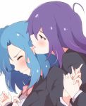  2girls bangs black_jacket blue_eyes blue_hair blush bow ear_licking enelis fingernails hair_between_eyes hand_holding idolmaster idolmaster_million_live! idolmaster_million_live!_theater_days jacket licking long_hair long_sleeves mochizuki_anna multiple_girls nanao_yuriko open_clothes open_jacket pink_bow purple_hair shirt simple_background white_background white_shirt yuri 