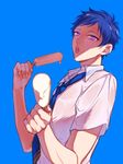  absurdres blue_background blue_hair blue_neckwear ensemble_stars! food furei_milk fushimi_yuzuru highres looking_at_viewer male_focus melting mole mole_under_eye necktie open_mouth outstretched_arm popsicle purple_eyes school_uniform shirt simple_background solo sweat upper_body wet wet_clothes wet_shirt yumenosaki_school_uniform 